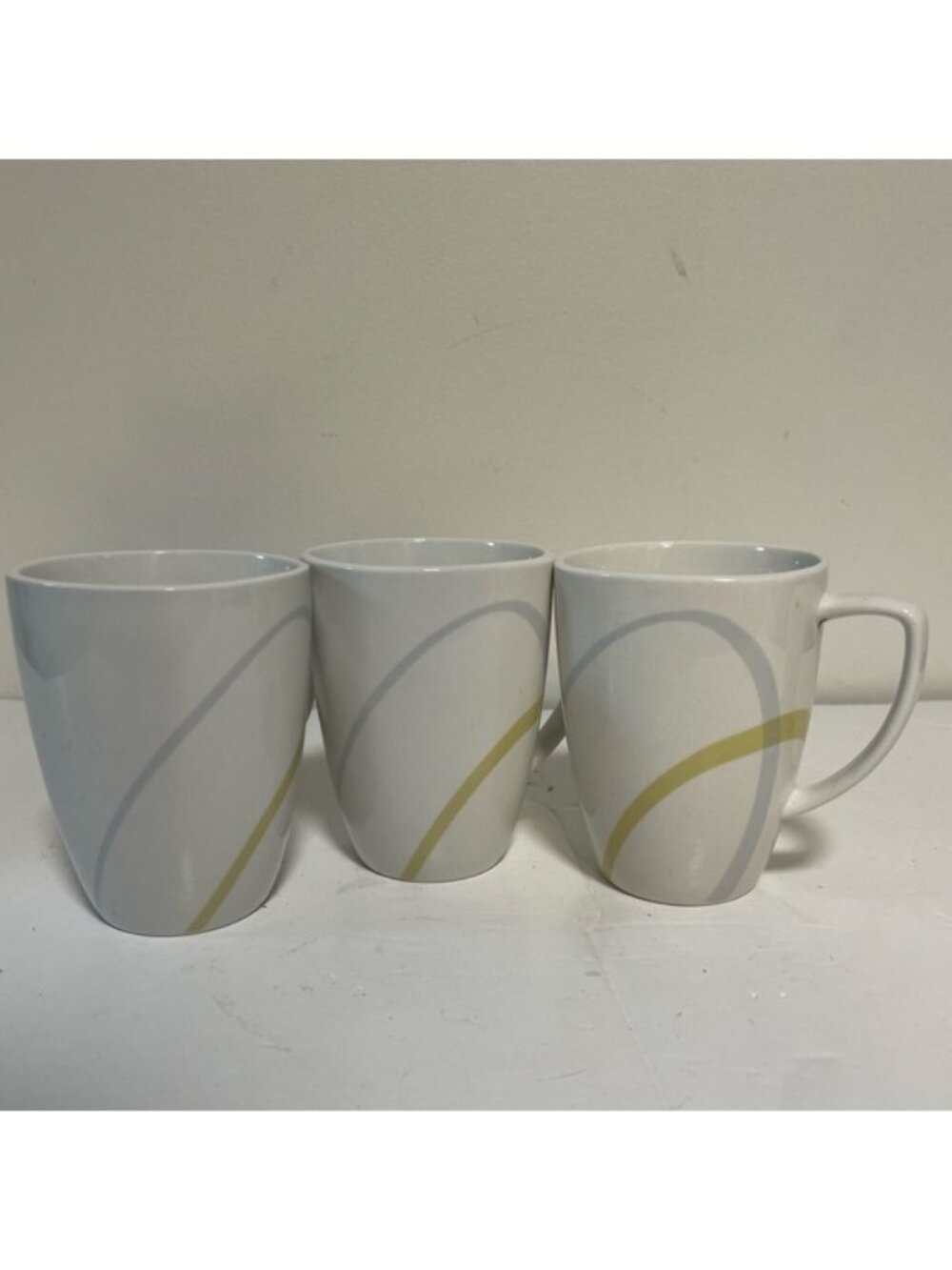 Set of 3 Corelle Coordinates Porcelain Coffee Mugs – White w Yellow & Grey Swirl
